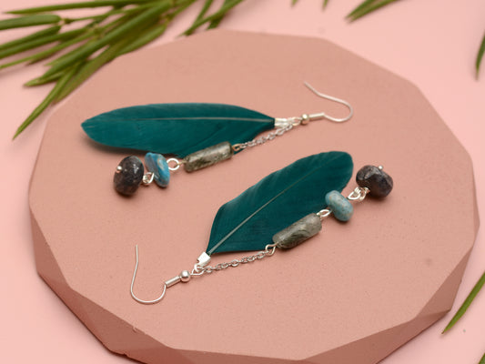 Teal Turquoise Drop Feather Earrings with Aquamarine Stone Chip Beads