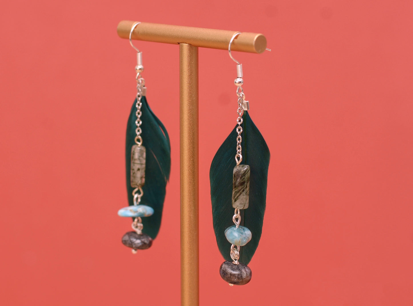 Teal Turquoise Drop Feather Earrings with Aquamarine Stone Chip Beads