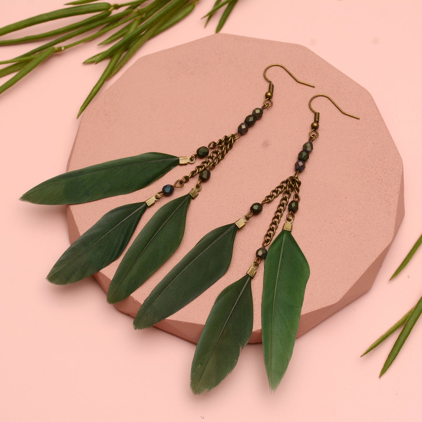 Long Feather Chain Earrings in Khaki Green