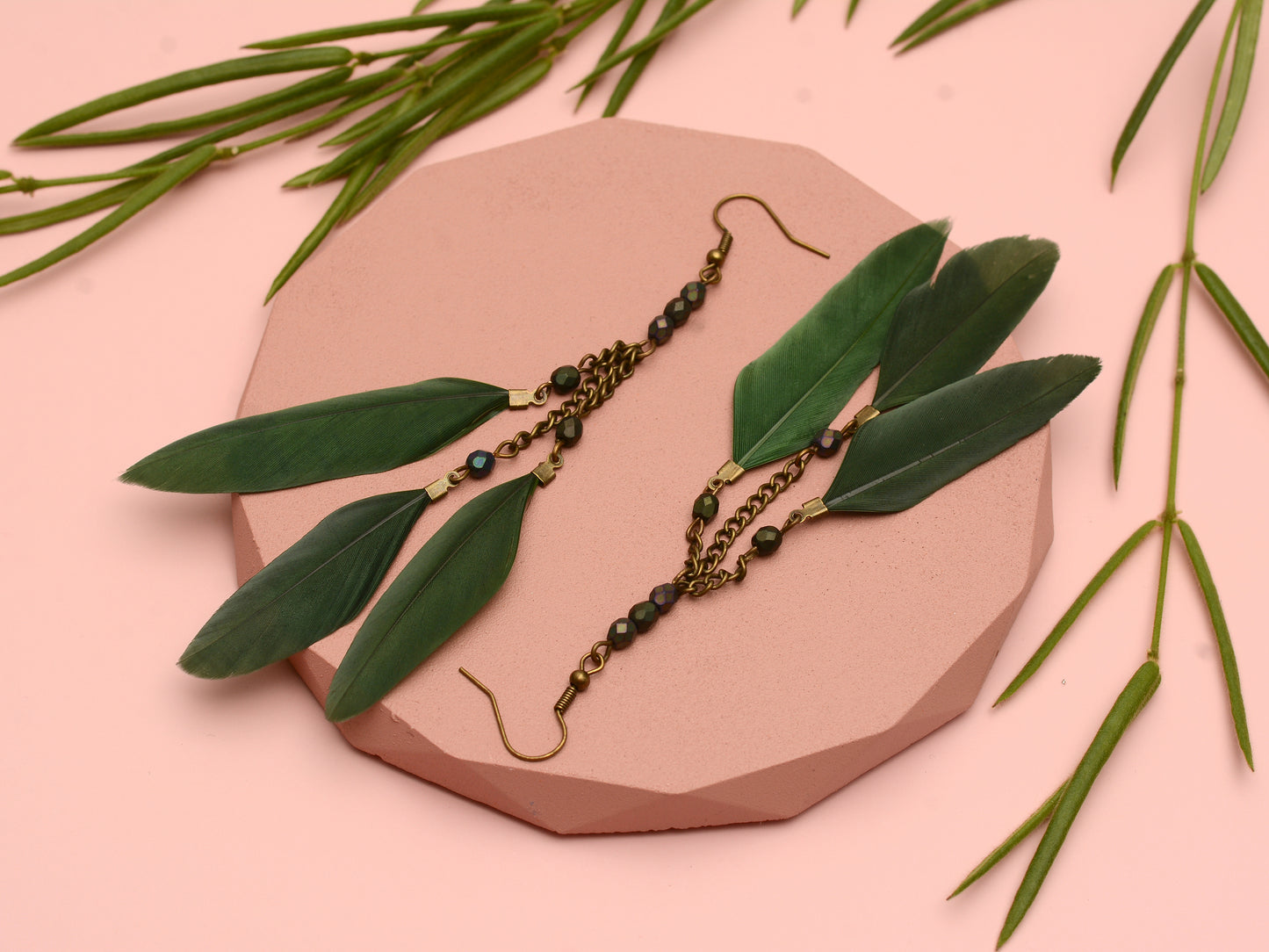 Long Feather Chain Earrings in Khaki Green