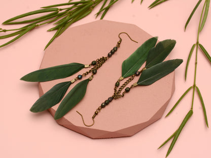Long Feather Chain Earrings in Khaki Green