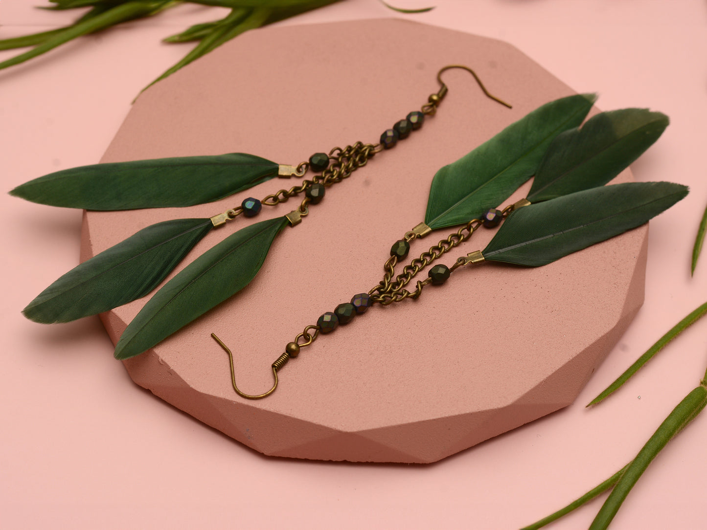 Long Feather Chain Earrings in Khaki Green