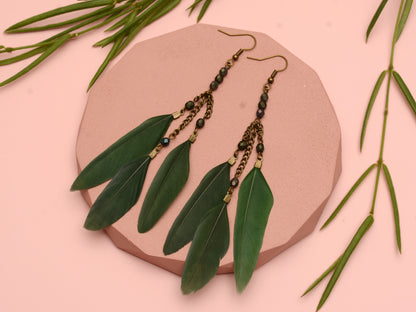 Long Feather Chain Earrings in Khaki Green