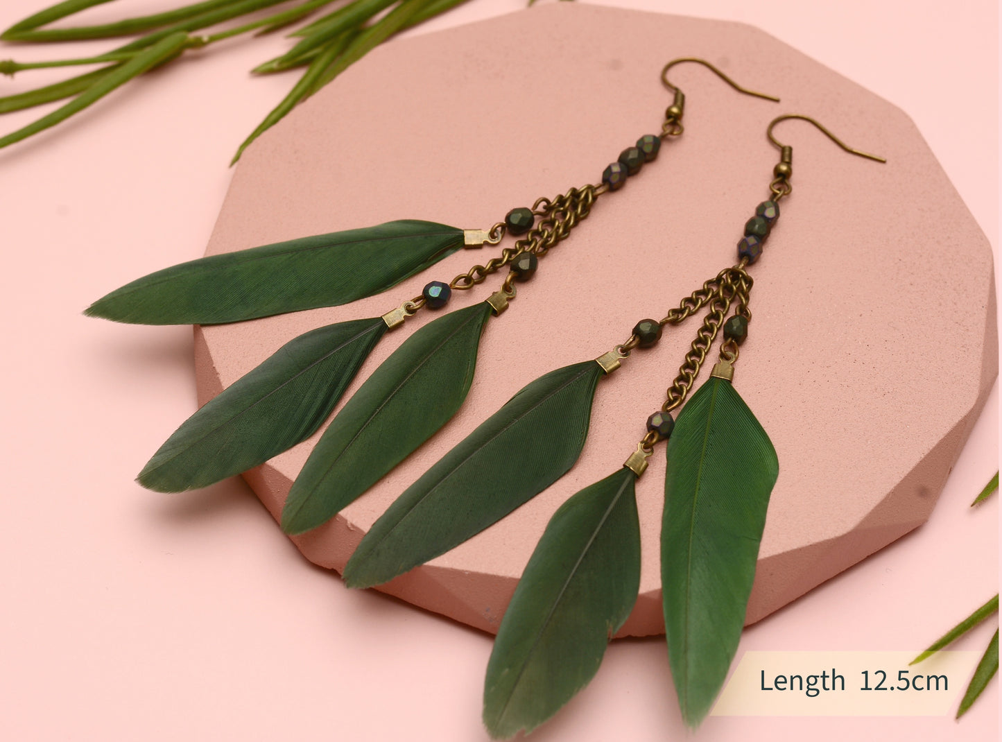 Long Feather Chain Earrings in Khaki Green