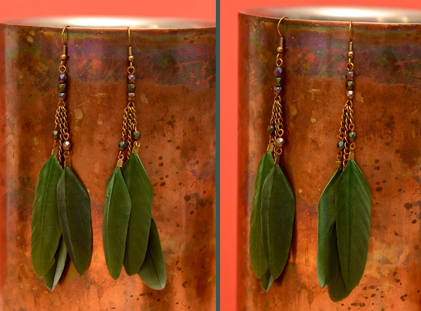 Long Feather Chain Earrings in Khaki Green