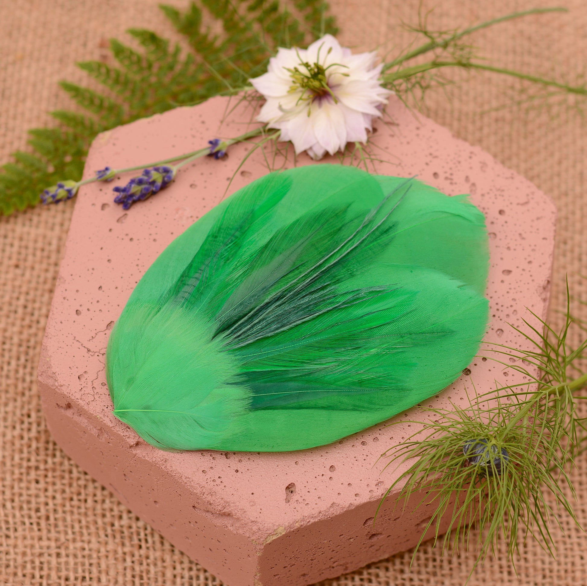 Green feathered hair clip on a textured surface with flowers and greenery.