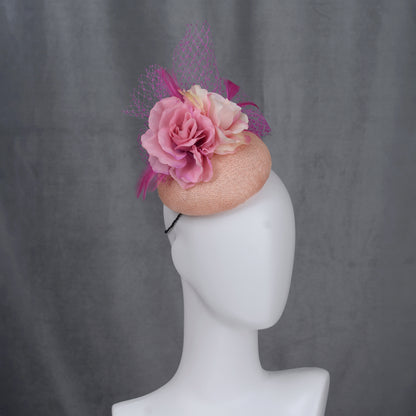Pink Button Fascinator with Flowers and Feathers