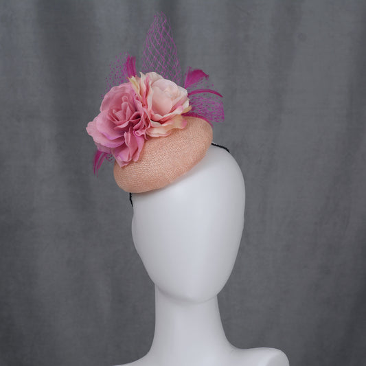 Pink Button Fascinator with Flowers and Feathers