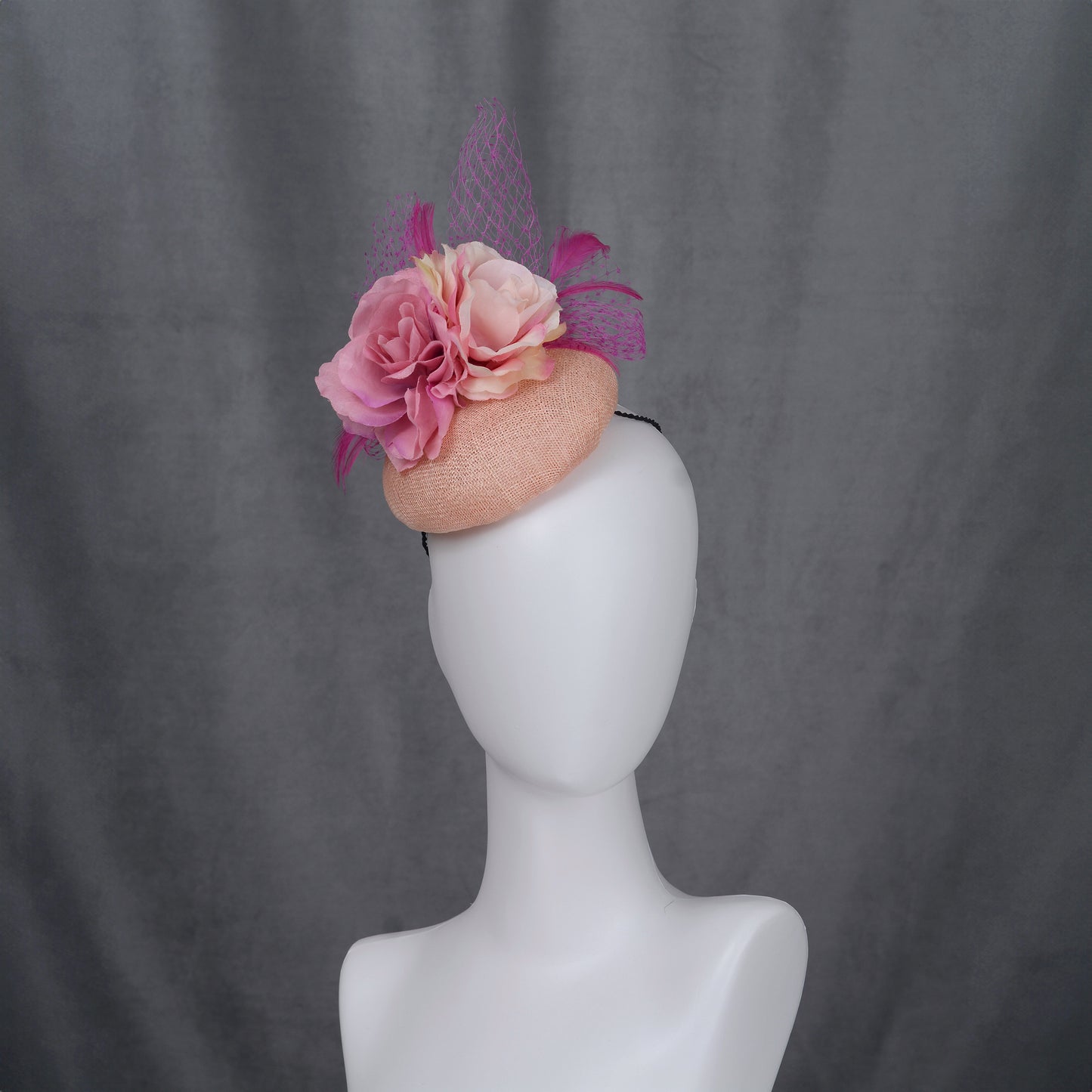 Pink Button Fascinator with Flowers and Feathers