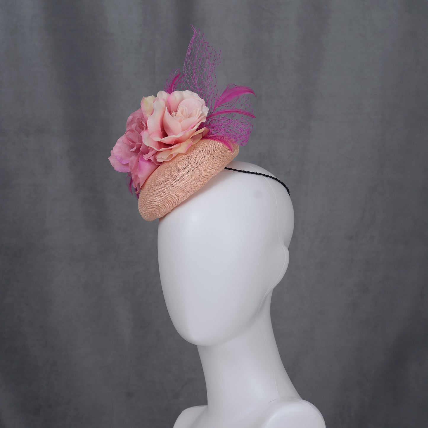 Pink Button Fascinator with Flowers and Feathers