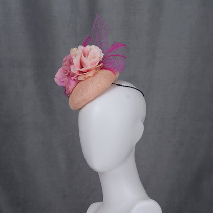 Pink Button Fascinator with Flowers and Feathers