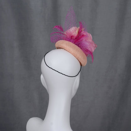 Pink Button Fascinator with Flowers and Feathers