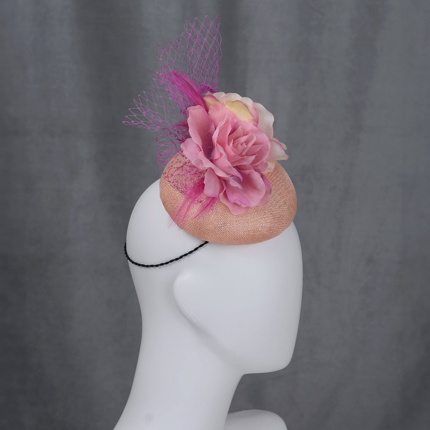 Pink Button Fascinator with Flowers and Feathers