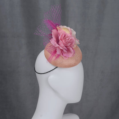 Pink Button Fascinator with Flowers and Feathers