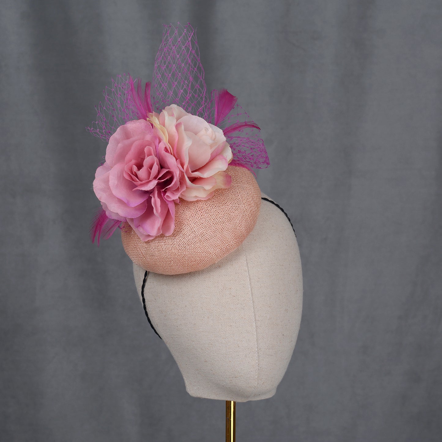 Pink Button Fascinator with Flowers and Feathers