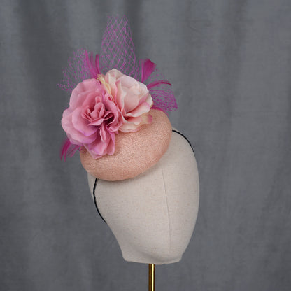 Pink Button Fascinator with Flowers and Feathers