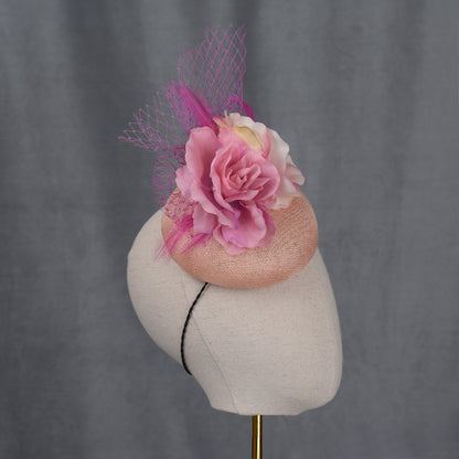 Pink Button Fascinator with Flowers and Feathers