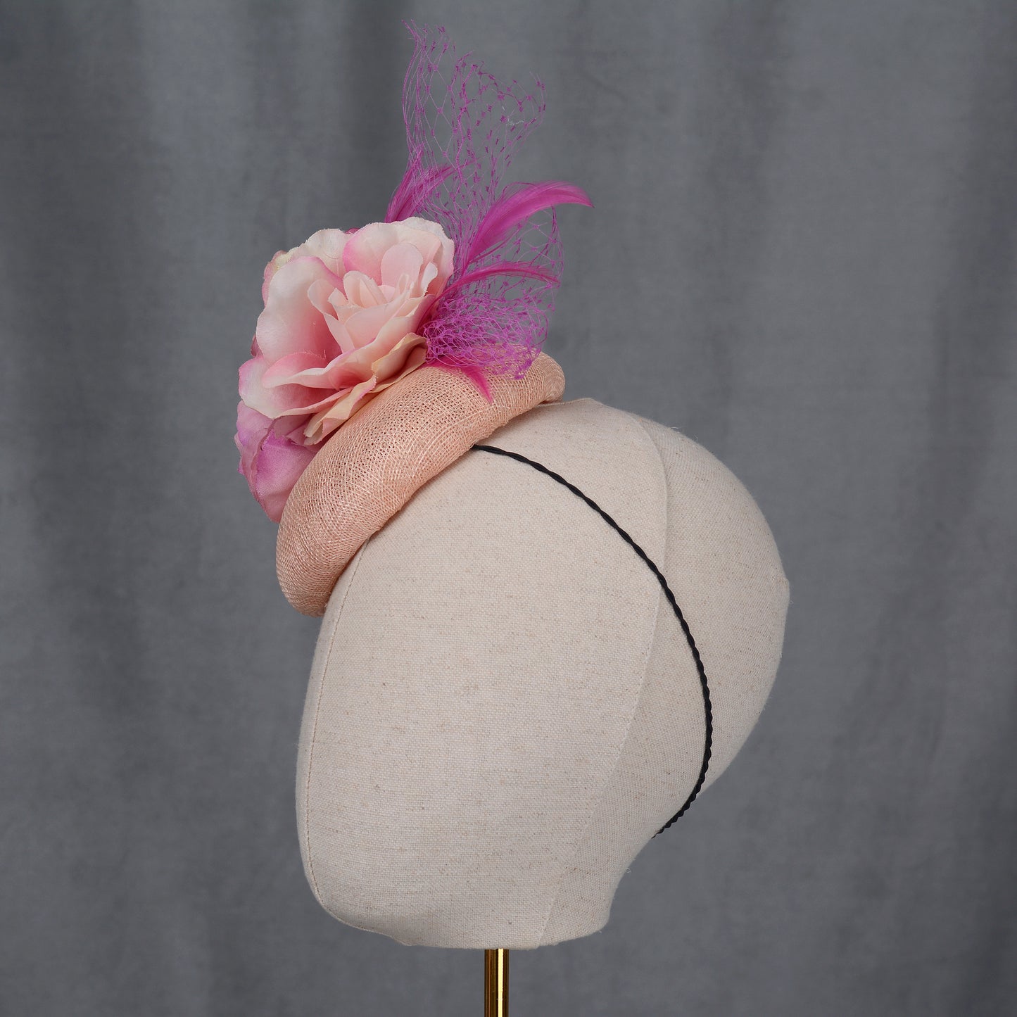 Pink Button Fascinator with Flowers and Feathers