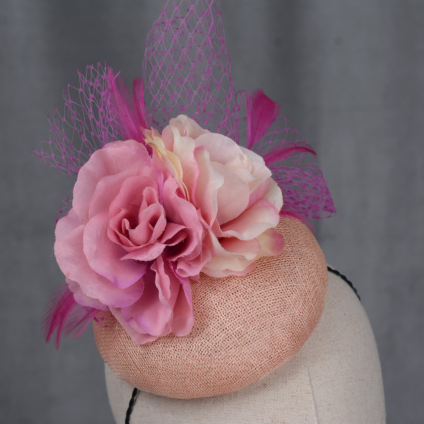 Pink Button Fascinator with Flowers and Feathers