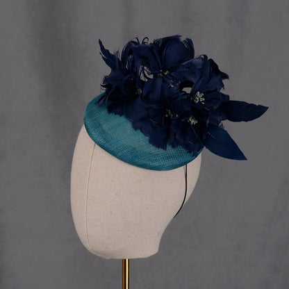 Navy Blue and Teal Feather Flower Button Hat Fascinator