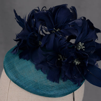 Navy Blue and Teal Feather Flower Button Hat Fascinator