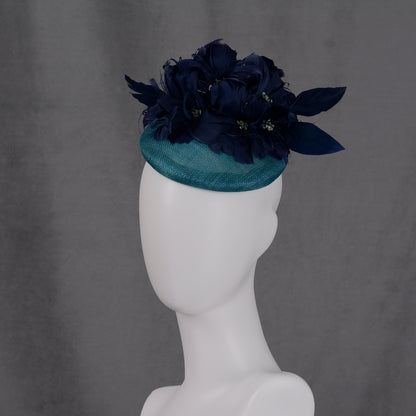 Navy Blue and Teal Feather Flower Button Hat Fascinator