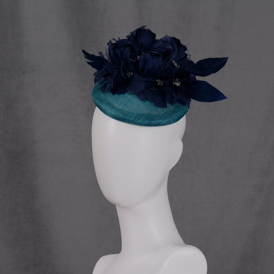 Navy Blue and Teal Feather Flower Button Hat Fascinator