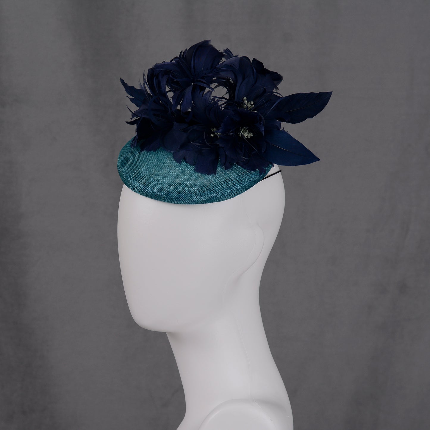 Navy Blue and Teal Feather Flower Button Hat Fascinator