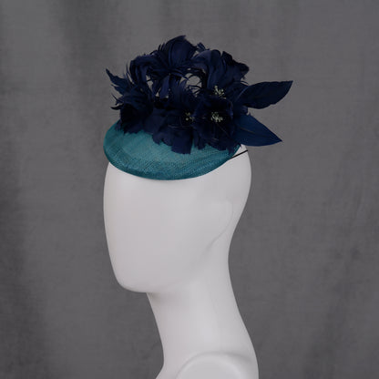 Navy Blue and Teal Feather Flower Button Hat Fascinator