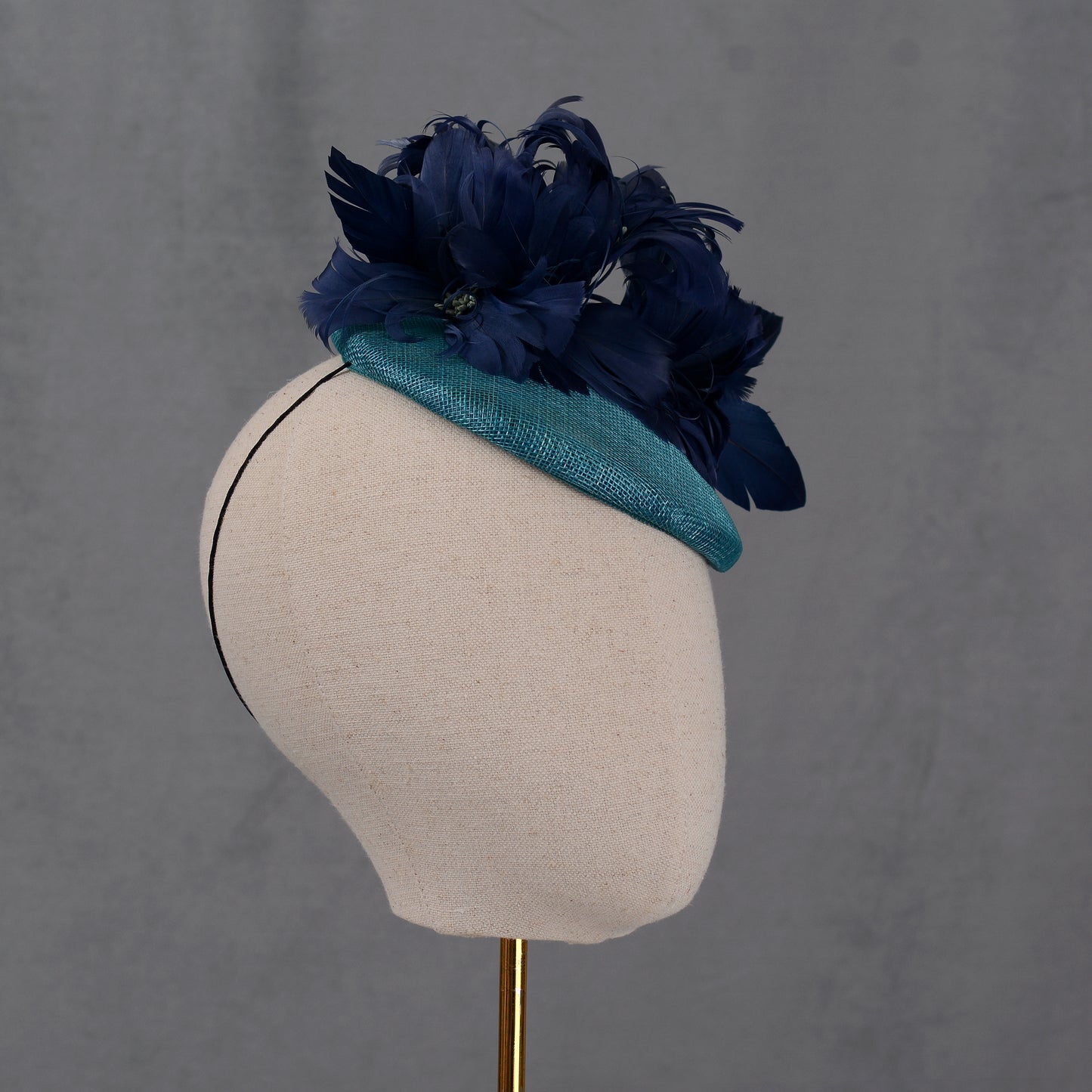Navy Blue and Teal Feather Flower Button Hat Fascinator