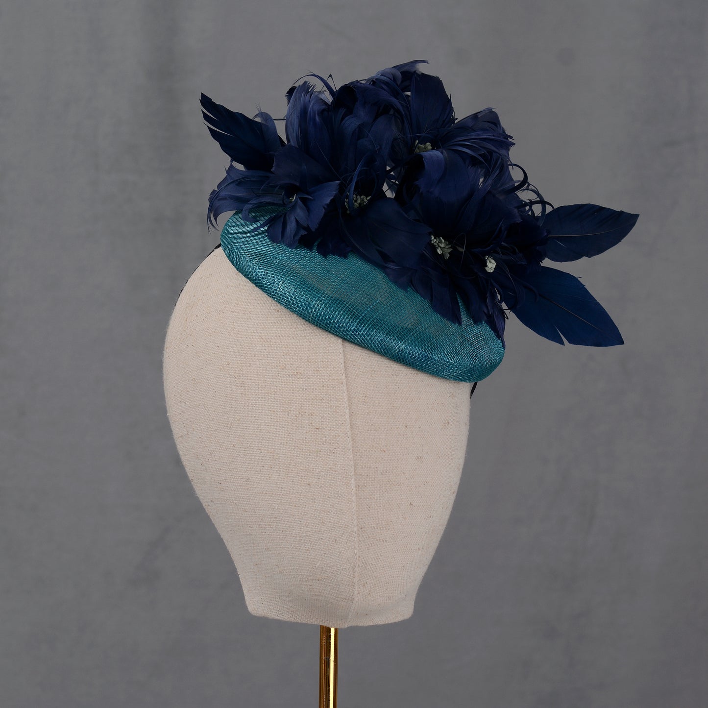 Navy Blue and Teal Feather Flower Button Hat Fascinator