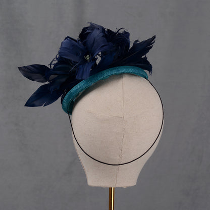 Navy Blue and Teal Feather Flower Button Hat Fascinator