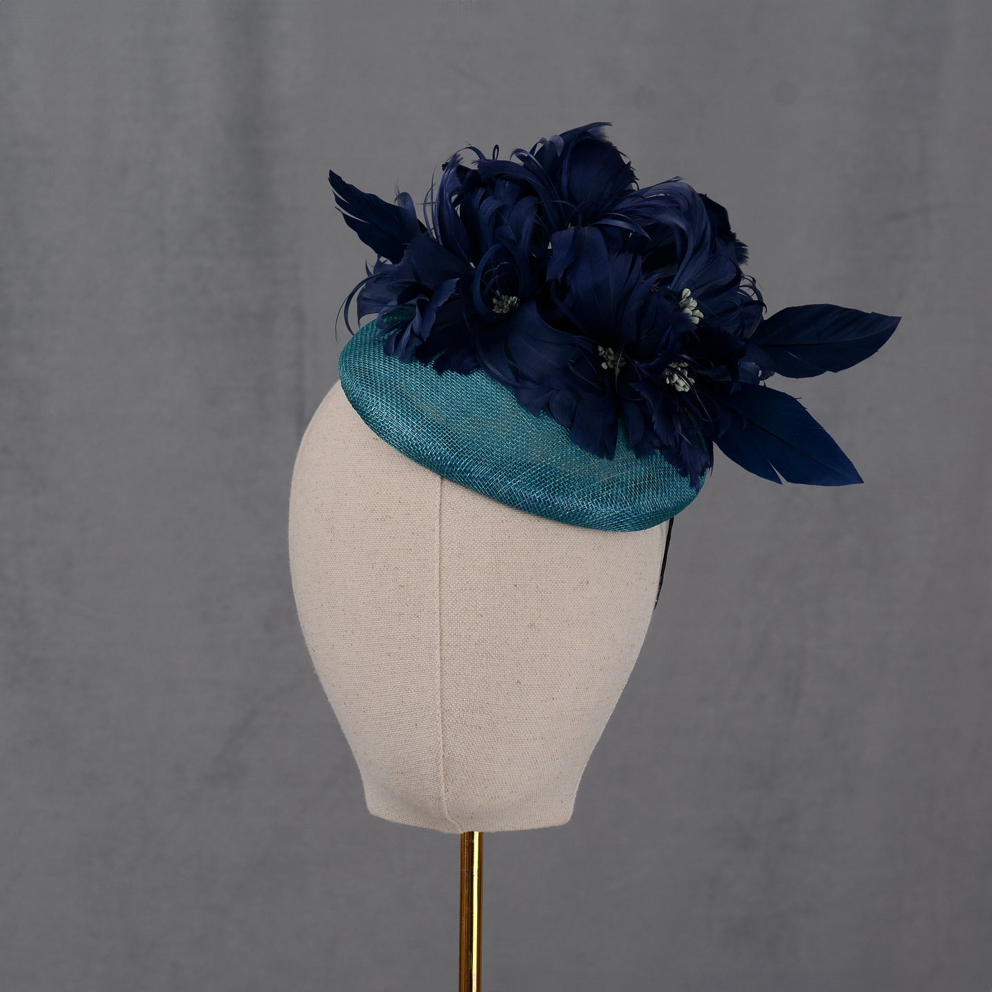 Navy Blue and Teal Feather Flower Button Hat Fascinator