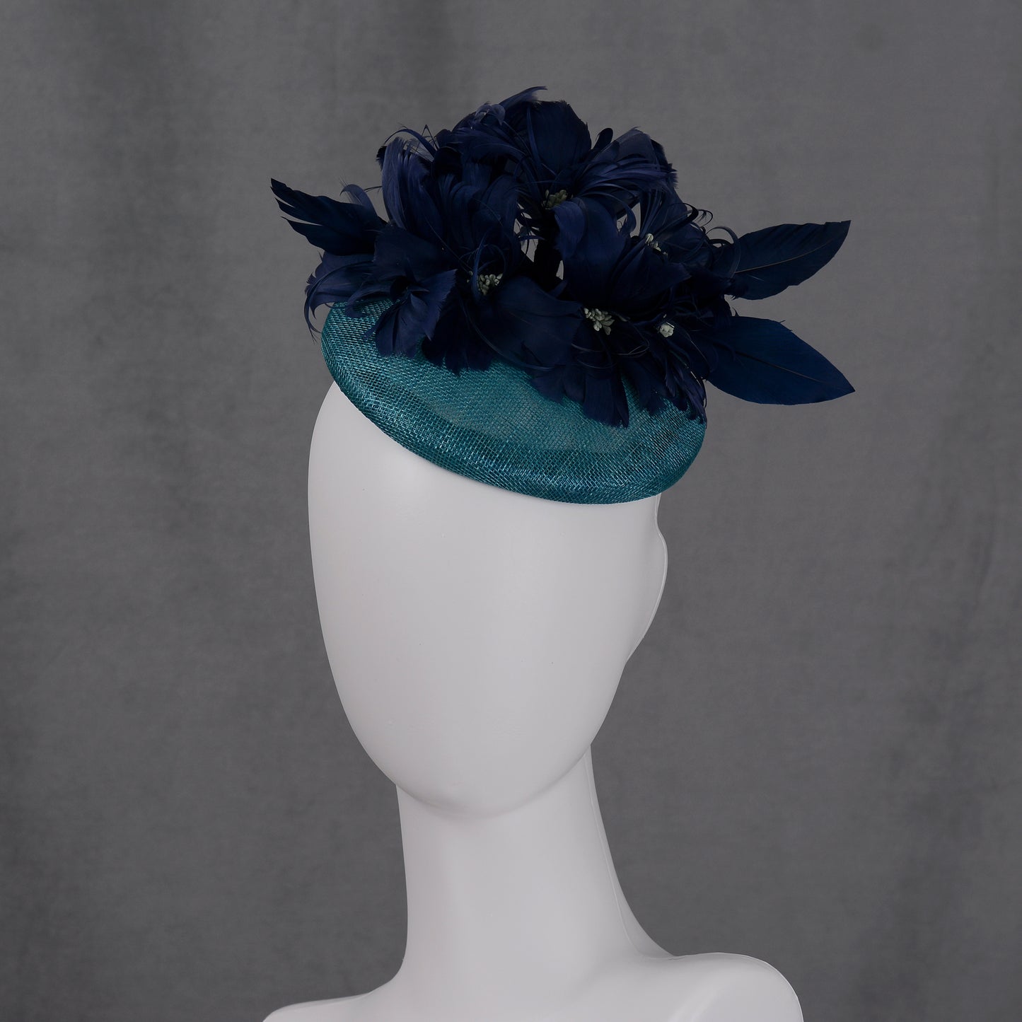 Navy Blue and Teal Feather Flower Button Hat Fascinator