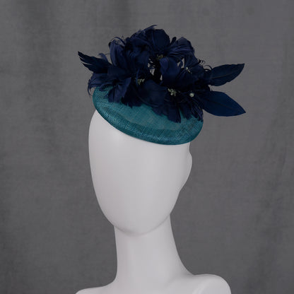 Navy Blue and Teal Feather Flower Button Hat Fascinator