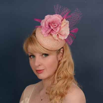 Pink Button Fascinator with Flowers and Feathers