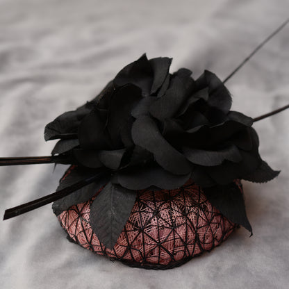 Black and Pink Button Fascinator with Black Roses and Feather Trim