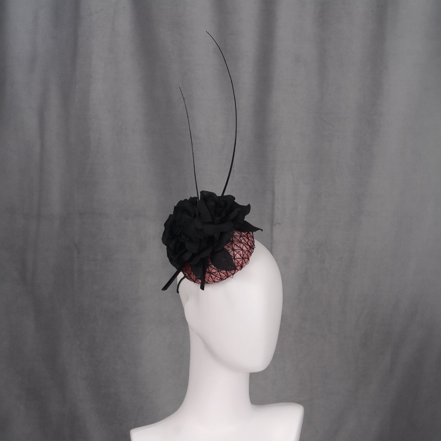 Black and Pink Button Fascinator with Black Roses and Feather Trim