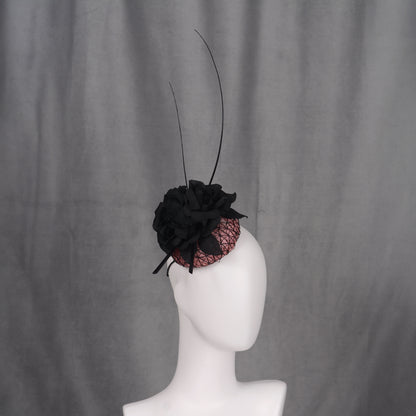 Black and Pink Button Fascinator with Black Roses and Feather Trim