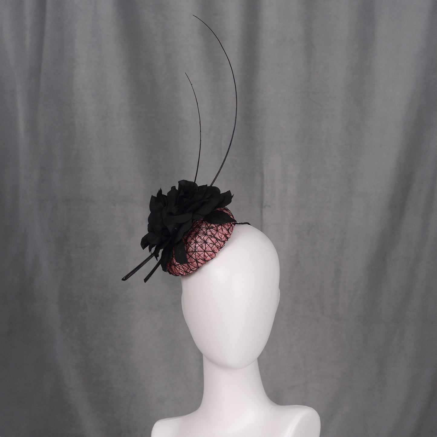 Black and Pink Button Fascinator with Black Roses and Feather Trim