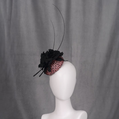 Black and Pink Button Fascinator with Black Roses and Feather Trim