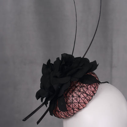 Black and Pink Button Fascinator with Black Roses and Feather Trim