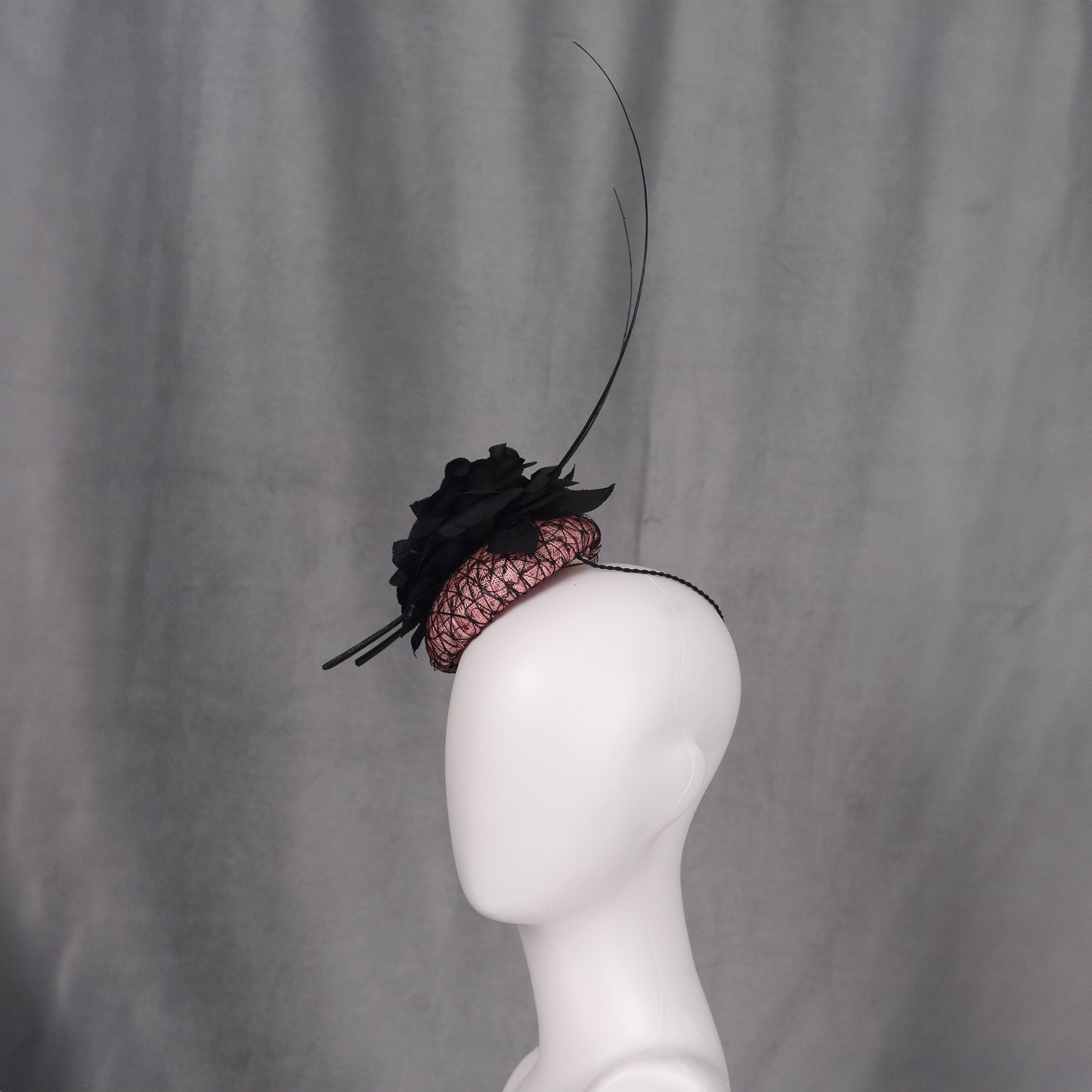Black and Pink Button Fascinator with Black Roses and Feather Trim