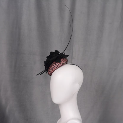 Black and Pink Button Fascinator with Black Roses and Feather Trim