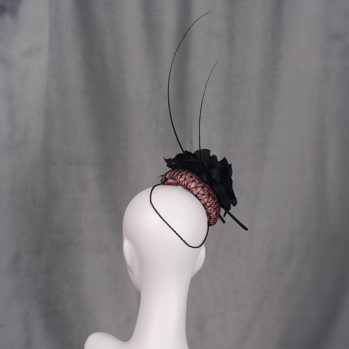 Black and Pink Button Fascinator with Black Roses and Feather Trim