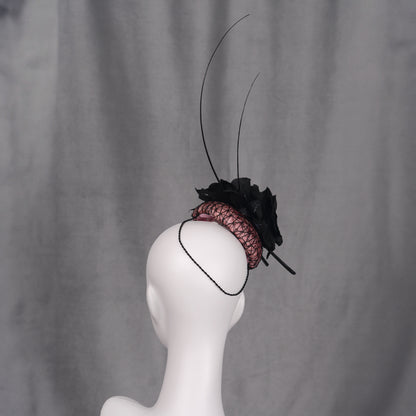 Black and Pink Button Fascinator with Black Roses and Feather Trim