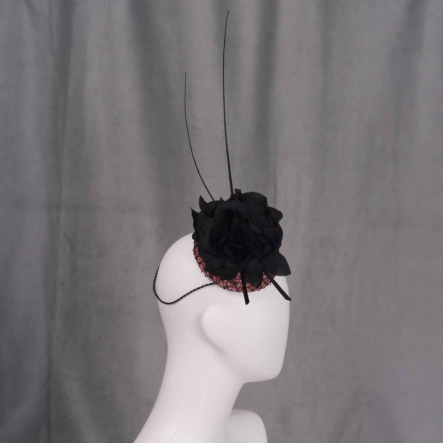 Black and Pink Button Fascinator with Black Roses and Feather Trim