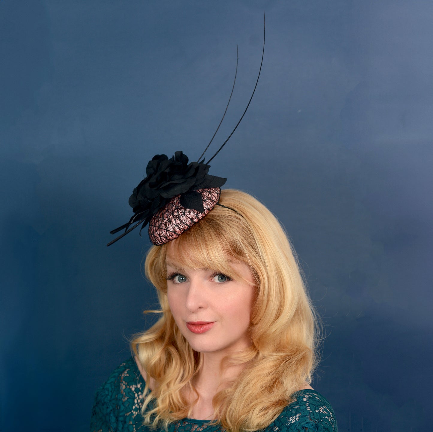 Black and Pink Button Fascinator with Black Roses and Feather Trim