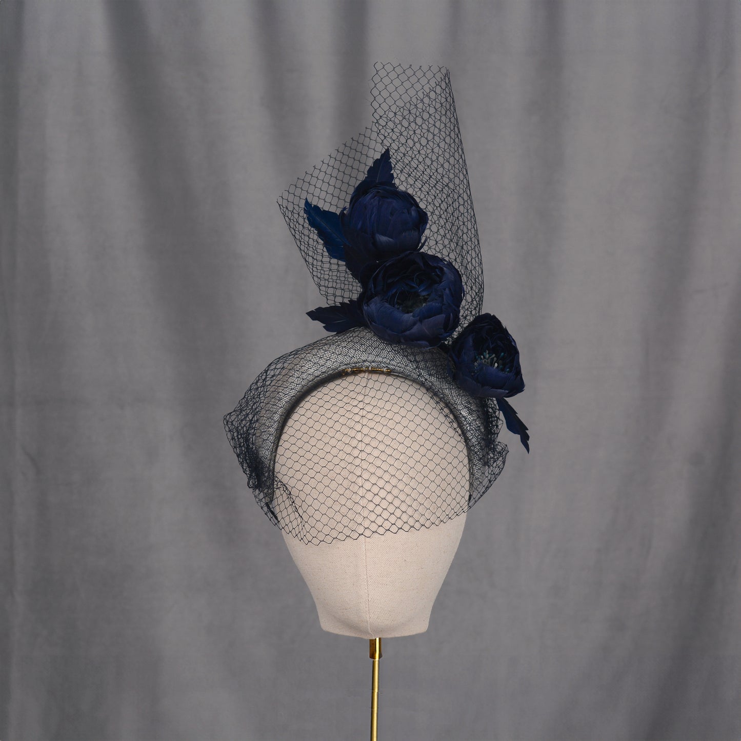 Grey and Navy Blue Bandeau Headband Fascinator with Feather Flowers and Net Veil