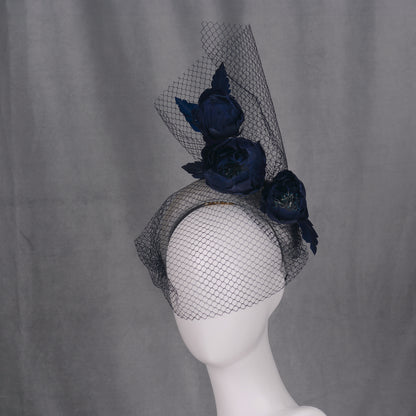 Grey and Navy Blue Bandeau Headband Fascinator with Feather Flowers and Net Veil